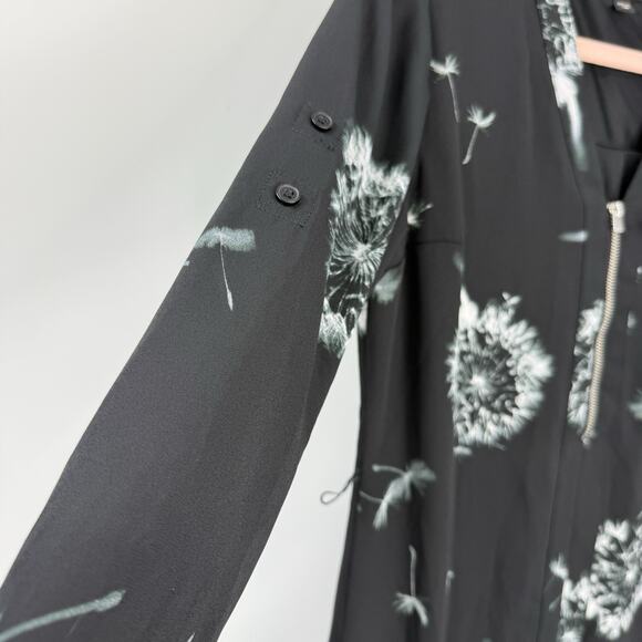 Express XS Shift Dress Dandelion Print Black Chiffon Zipper V Neck Long Sleeve - Picture 8 of 11